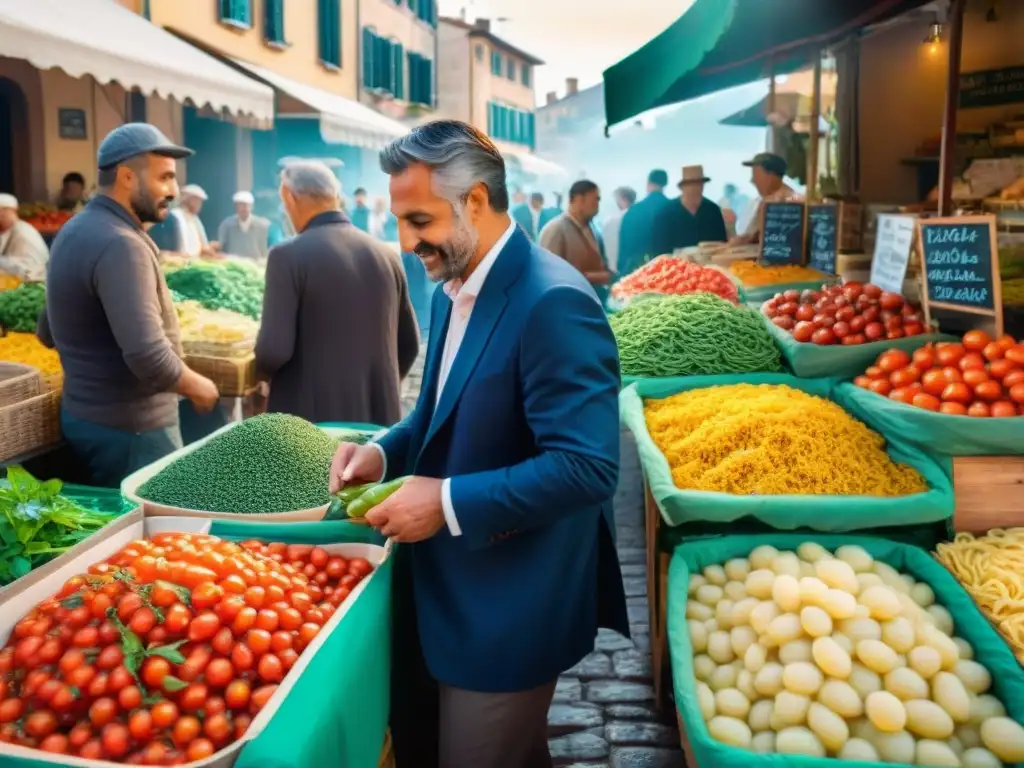 Escena vibrante en mercado italiano: tomates frescos, albahaca, aceite de oliva y pasta bajo el sol toscano