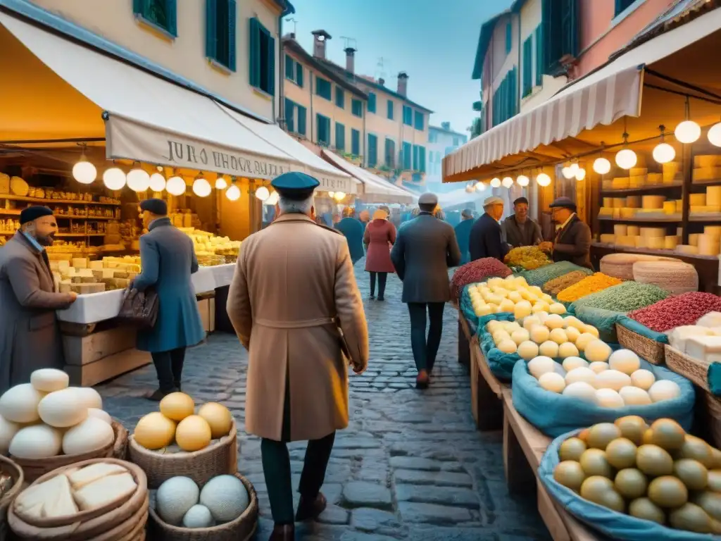 Mercado italiano antiguo: ruedas de queso Gorgonzola y haggling Escena vibrante en un mercado italiano antiguo con vendedores de auténtico queso Gorgonzola, reflejando la historia del queso Gorgonzola authentic
