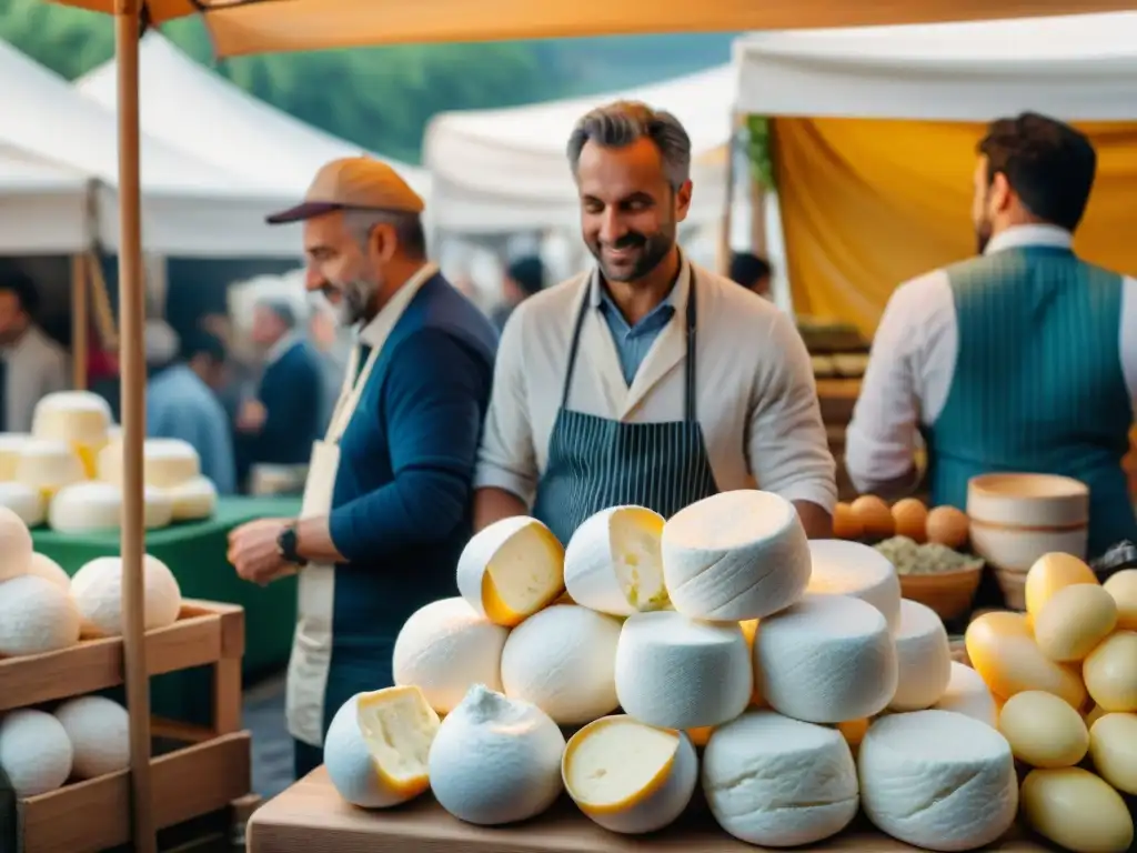 Escena vibrante en un mercado italiano con variedad de quesos ricotta frescos en un puesto tradicional