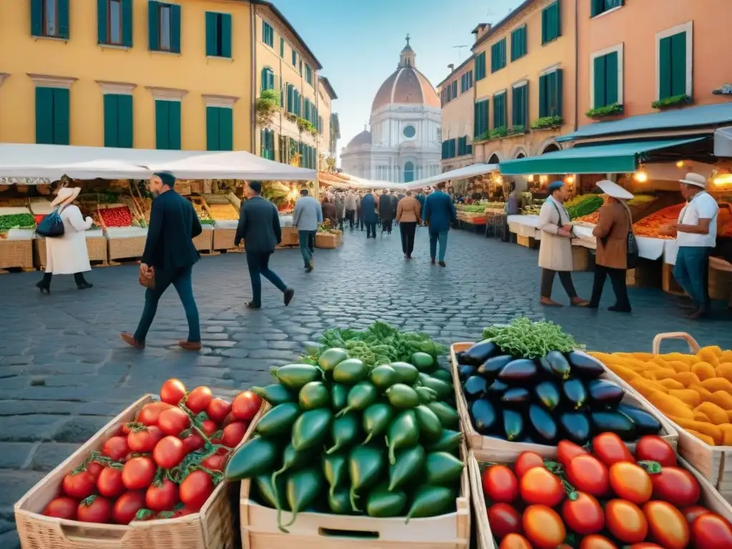 Escena vibrante de mercado italiano con tendencias cocina vegana italiana, lleno de coloridos productos frescos y actividad bulliciosa