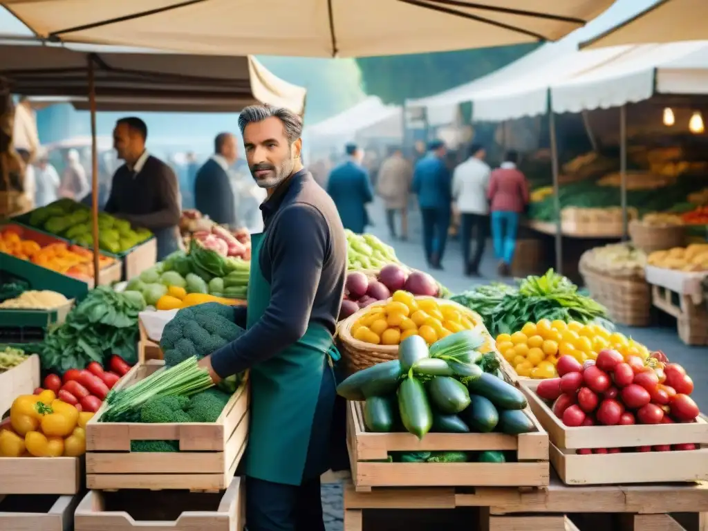 Escena vibrante en un mercado italiano en Toscana con productos frescos y coloridos