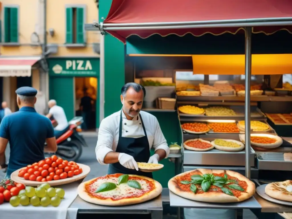 Escena vibrante de mercado italiano con ingredientes frescos y Pizza Fritta casera en Nápoles