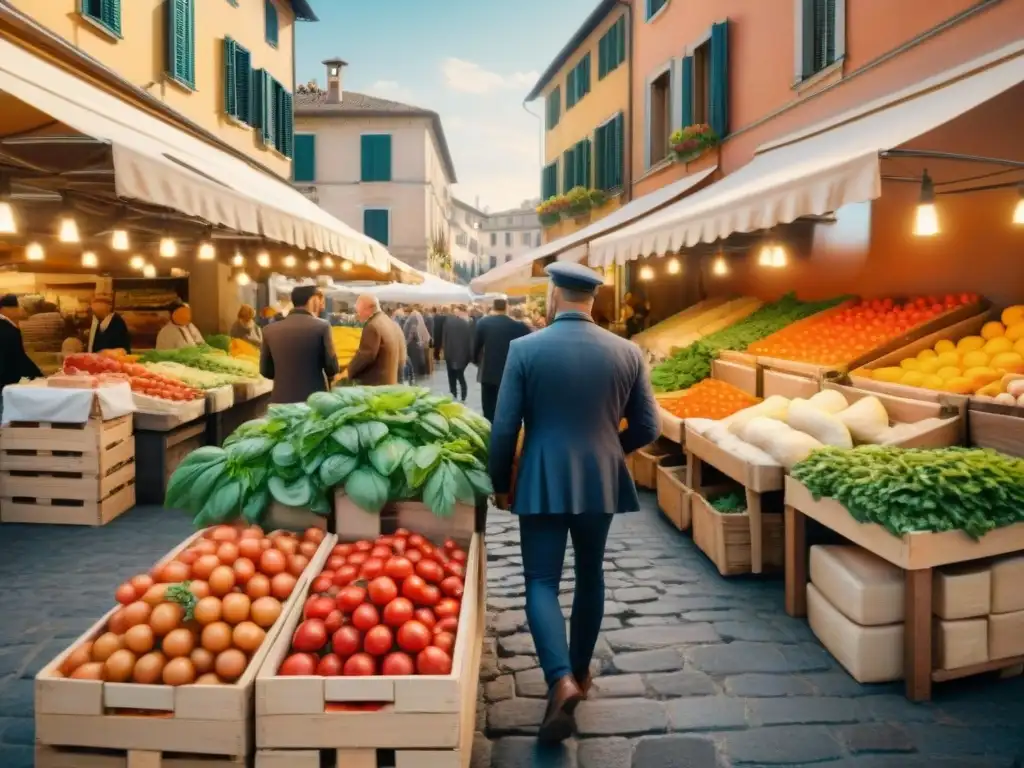 Escena vibrante en un mercado italiano con influencias extranjeras en cocina italiana, resaltando productos frescos y colores