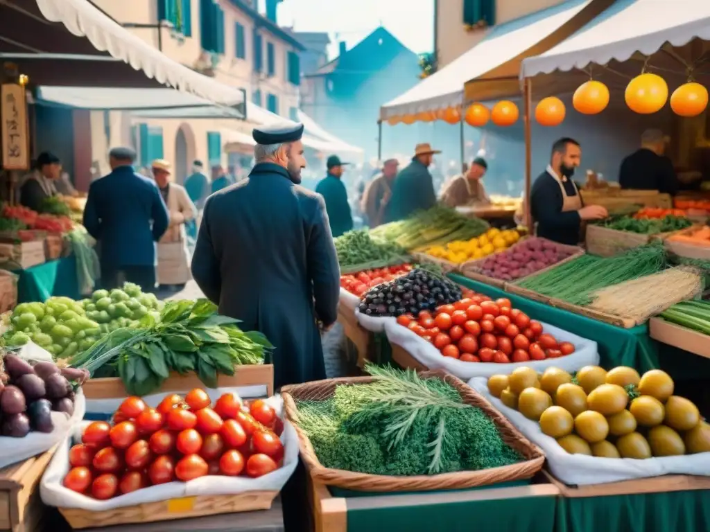 Escena vibrante de un mercado local italiano, lleno de color y vida con productos frescos