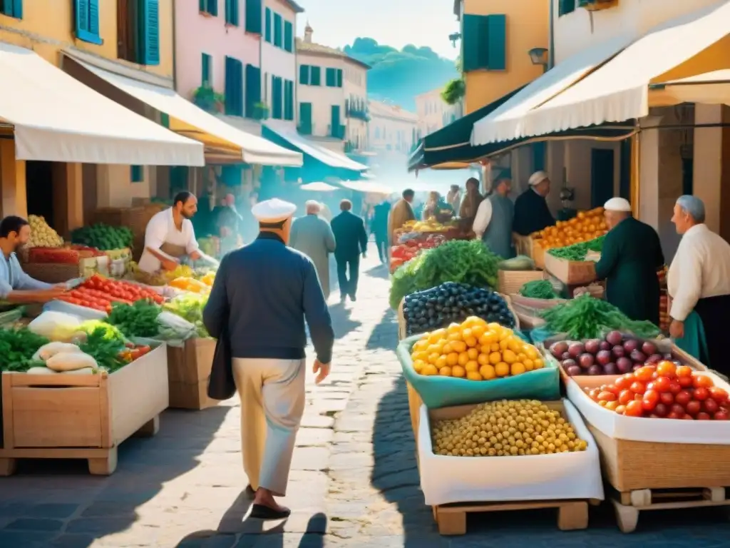 Escena vibrante de un mercado mediterráneo con productos frescos y coloridos, reflejando la esencia de la Dieta Mediterránea impacto salud pulmonar