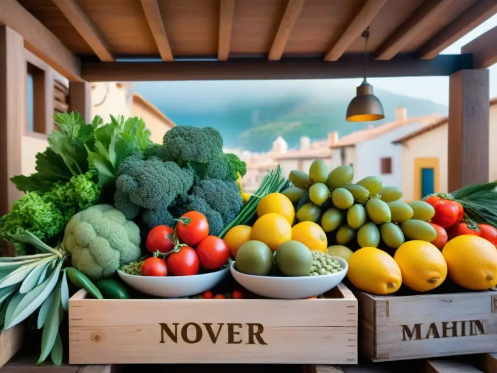 Escena vibrante de mercado mediterráneo con frutas, verduras y aceite de oliva en cajas rústicas bajo el sol, reflejando la esencia de la Dieta Mediterránea para perder peso