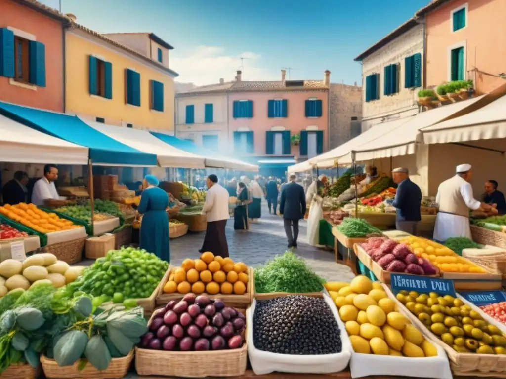 Una escena vibrante de mercado mediterráneo con frutas frescas, verduras y aceite de oliva