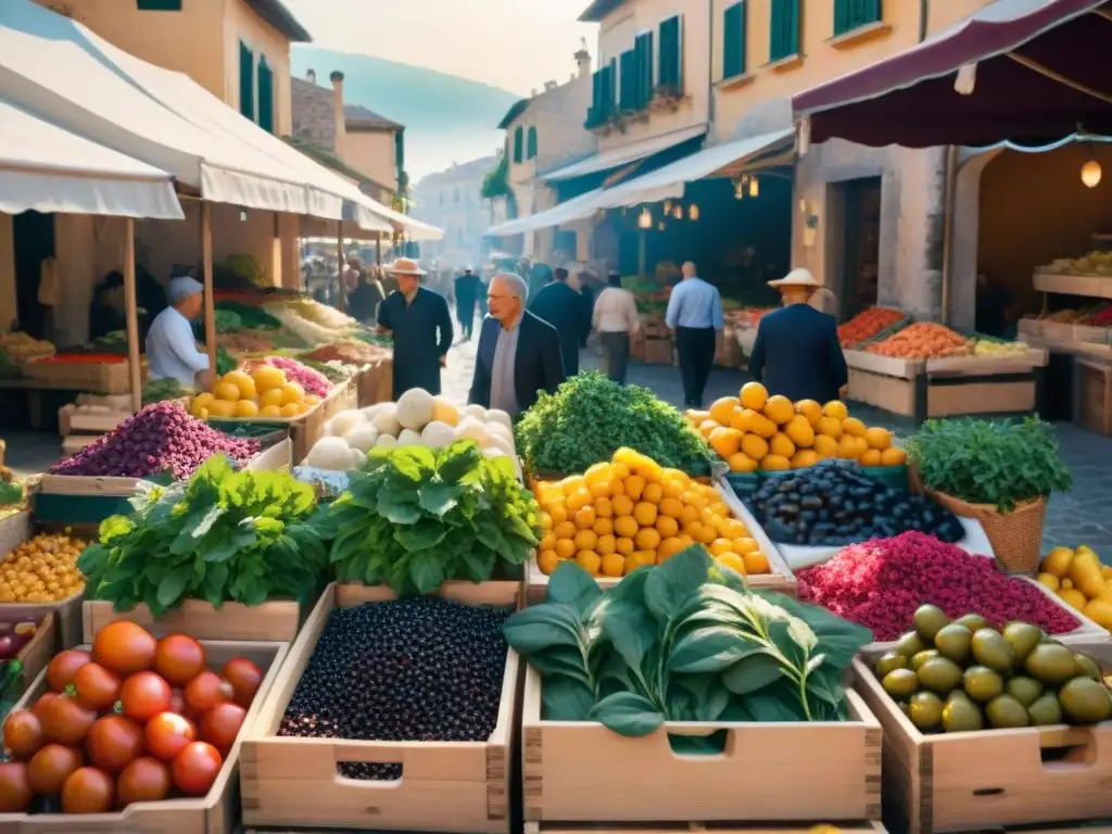 Escena vibrante de mercado mediterráneo con frutas, verduras, quesos y hierbas frescas en cajas de madera