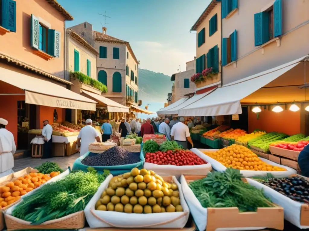 Escena vibrante de mercado mediterráneo con productos frescos y coloridos, reflejando los beneficios de la Dieta Mediterránea envejecimiento