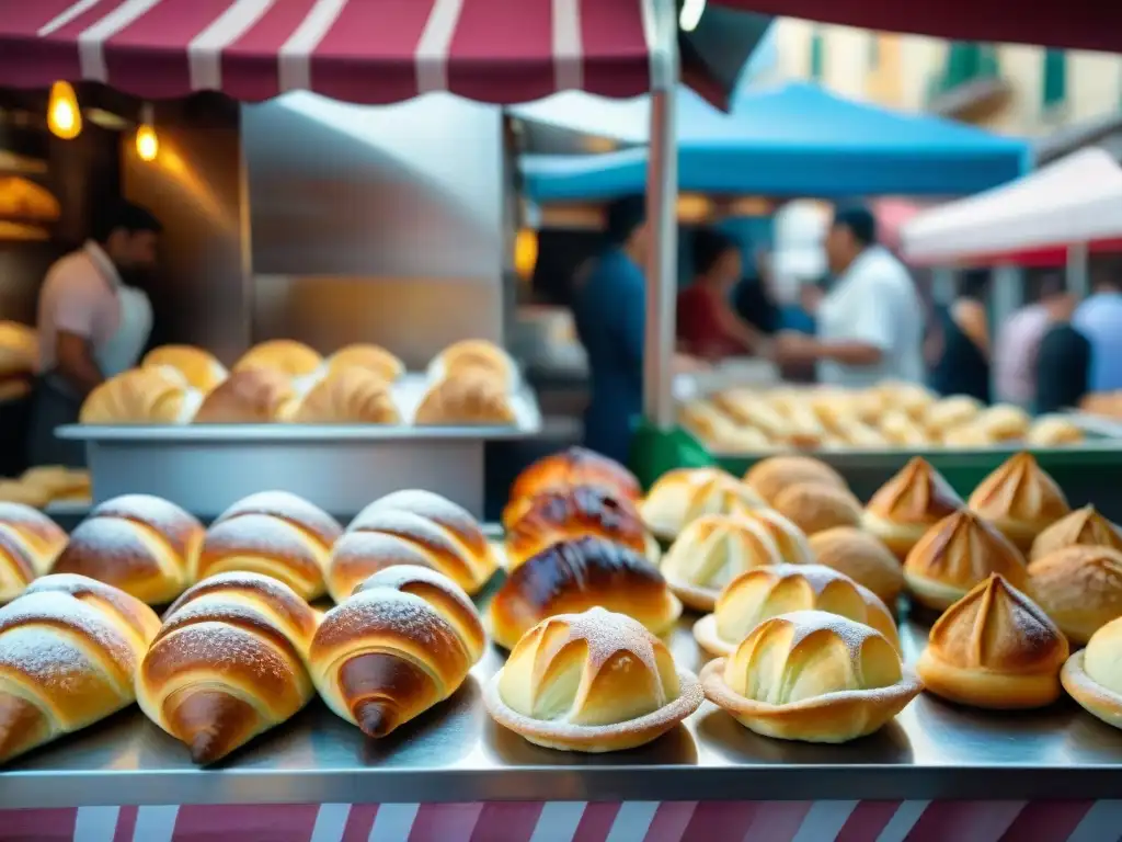 Escena vibrante en un mercado napolitano con sfogliatellas recién horneadas