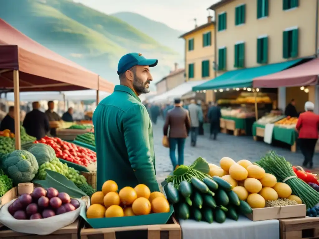 Escena vibrante de mercado en pueblo italiano con vegetales y frutas frescas, cocina vegetariana italiana regiones sabores