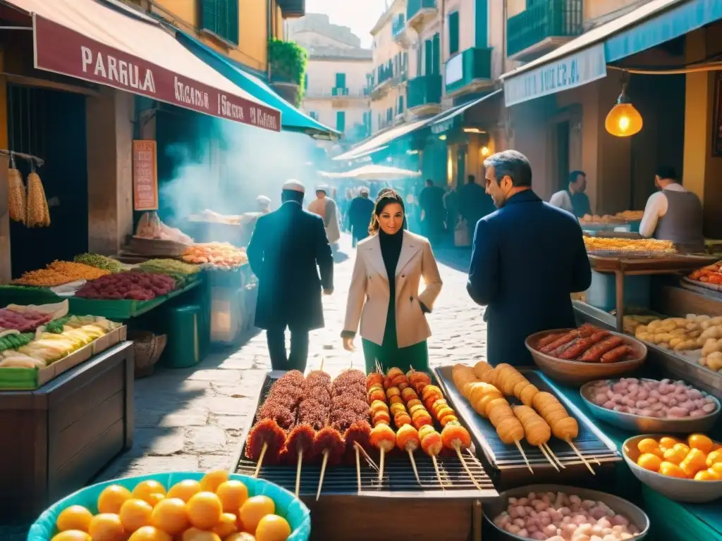 Escena vibrante en mercado de Palermo, Sicilia, con puestos de mariscos frescos y stigghiola siciliana auténtica