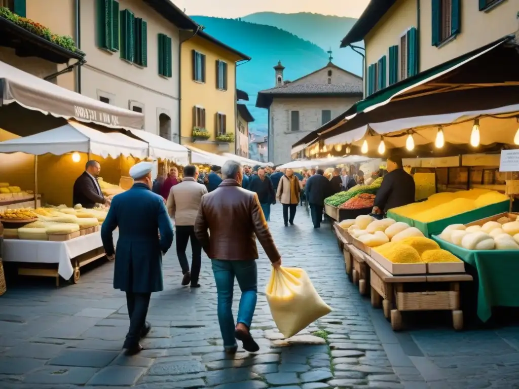 Escena vibrante en el mercado de Bergamo con la receta tradicional polenta e osei, colores y texturas auténticas