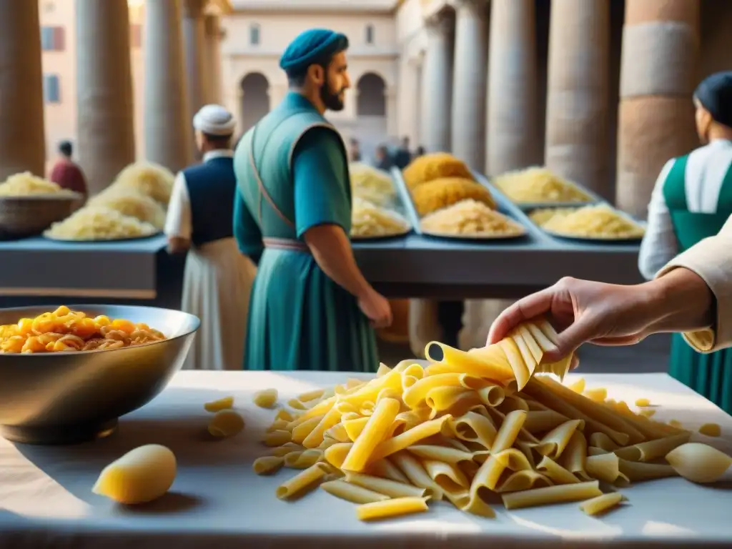 Escena vibrante de un mercado romano antiguo con variedades de pasta de todo el mundo