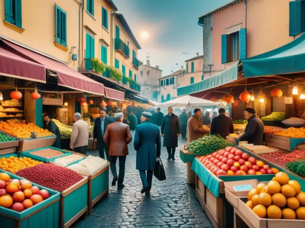 Escena vibrante de mercado siciliano con productos locales y arquitectura histórica