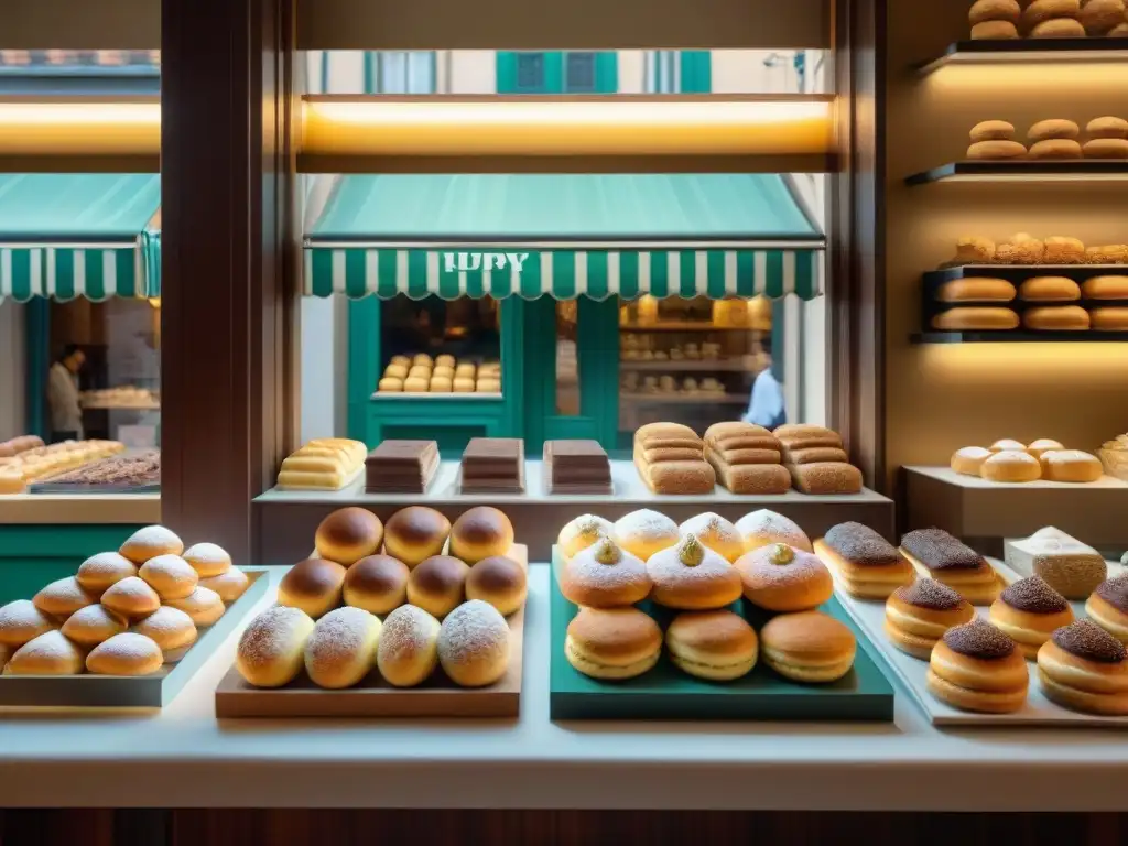 Escena vibrante de una pastelería italiana con delicias como cannoli y tiramisú en una calle empedrada