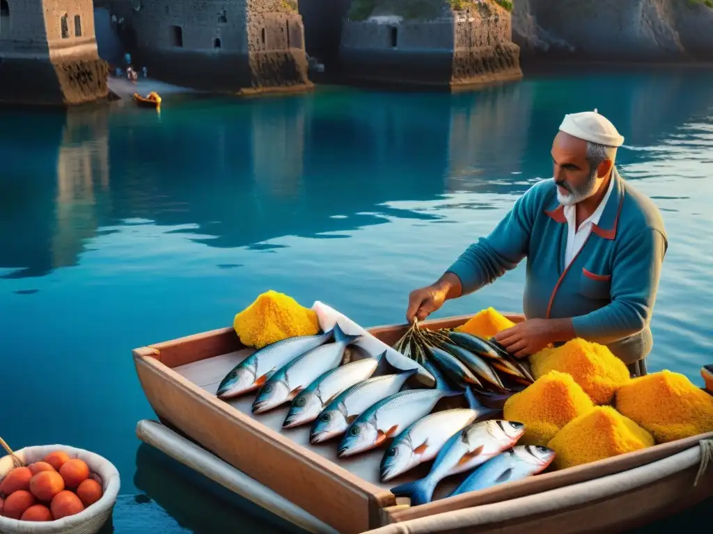 Escena vibrante de la pesca en las islas Eolias: pescadores descargan su colorida captura en un mercado de pescado en Lipari al atardecer