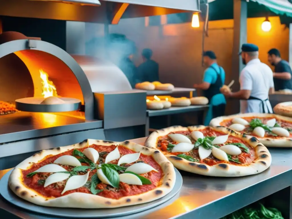 Escena vibrante de pizza italiana comida callejera en Nápoles: hornos de leña, masa al aire y clientes ansiosos