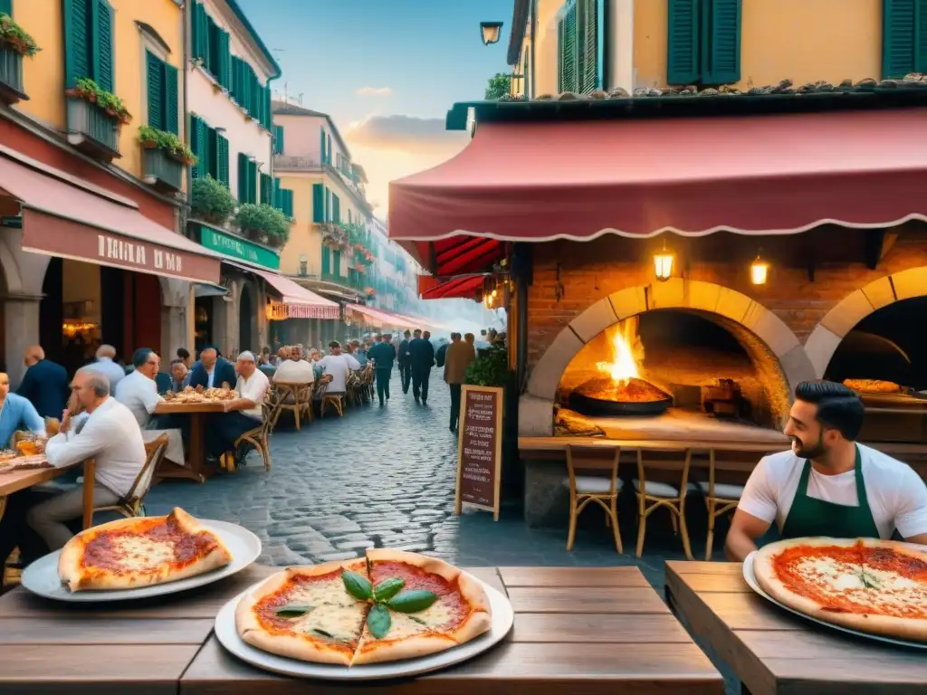 Escena vibrante en Nápoles con pizzaiolos expertos y el aroma de pizzas recién horneadas