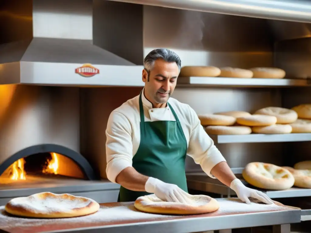 Escena vibrante en una pizzería italiana tradicional, con un pizzaiolo hábil preparando pizza rodeado de ingredientes frescos