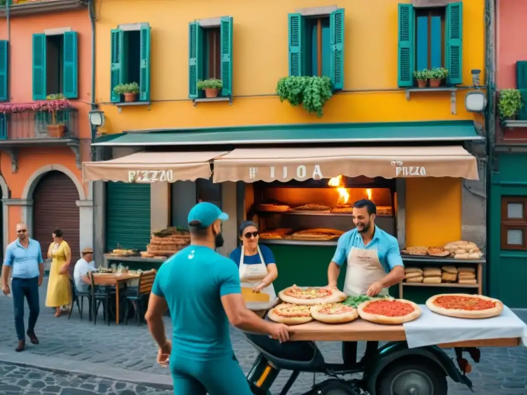 Escena vibrante en Nápoles con una pizzería tradicional y pizzaiolos expertos en historia de la pizza napolitana