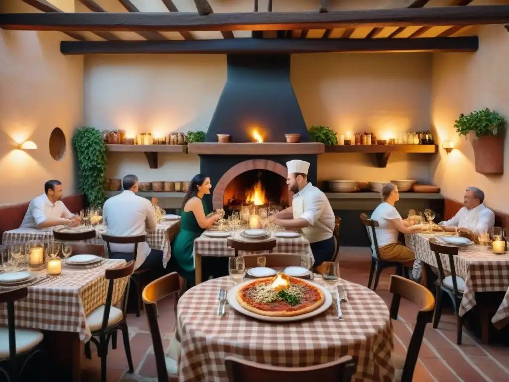 Una escena vibrante de un restaurante italiano durante la cena, con mesa acogedora y pasta caliente