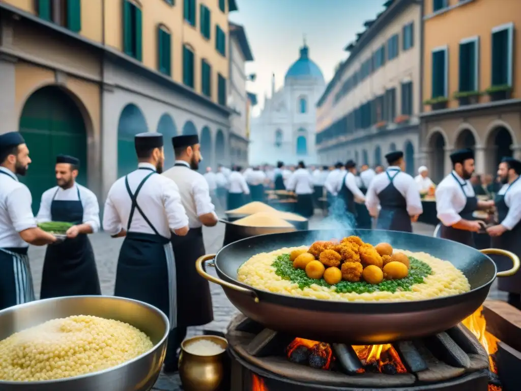 Escena vibrante en Milán del siglo XIX con chefs preparando risotto alla milanese