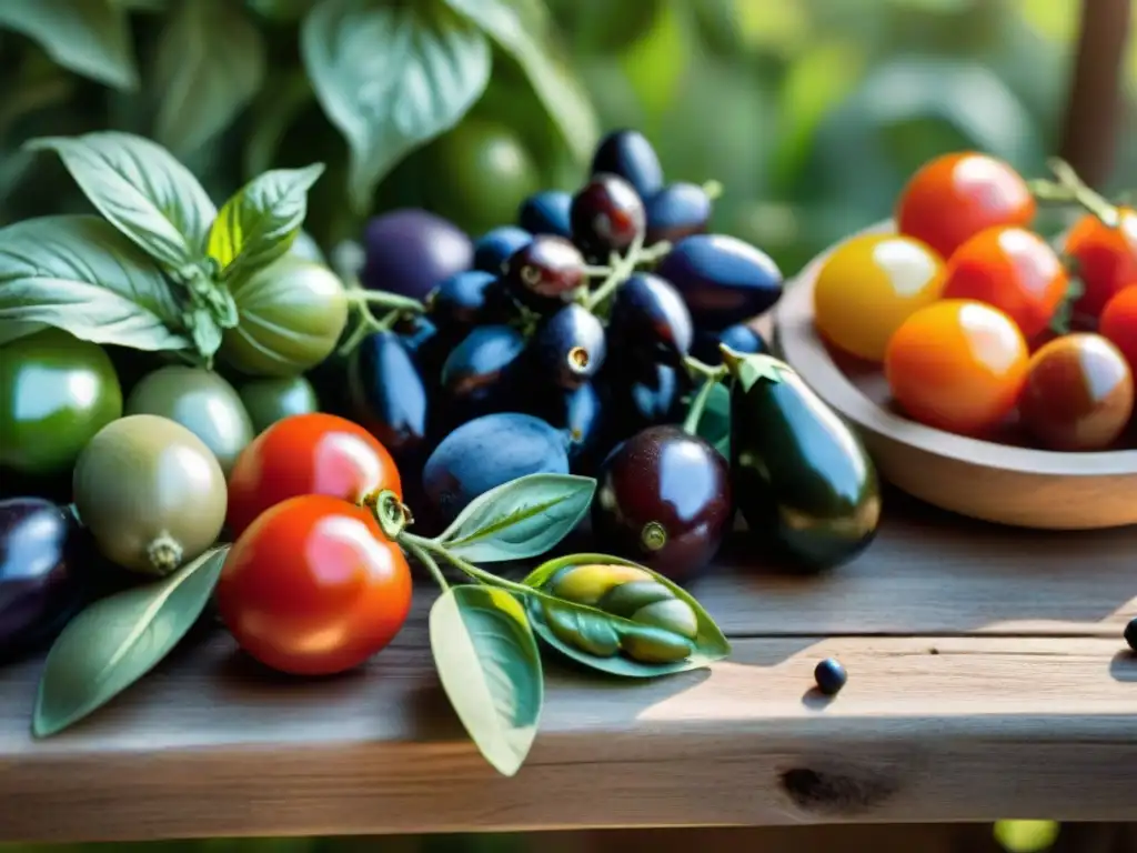 Una escena vibrante de superalimentos italianos recién cosechados en un huerto urbano, resaltando su frescura y belleza