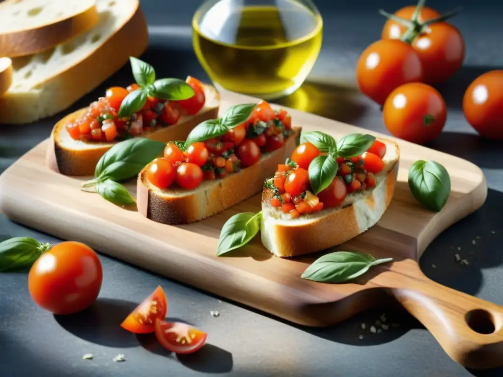 Escena vibrante de una tabla de cortar rústica con ingredientes frescos para la receta tradicional bruschetta italiana