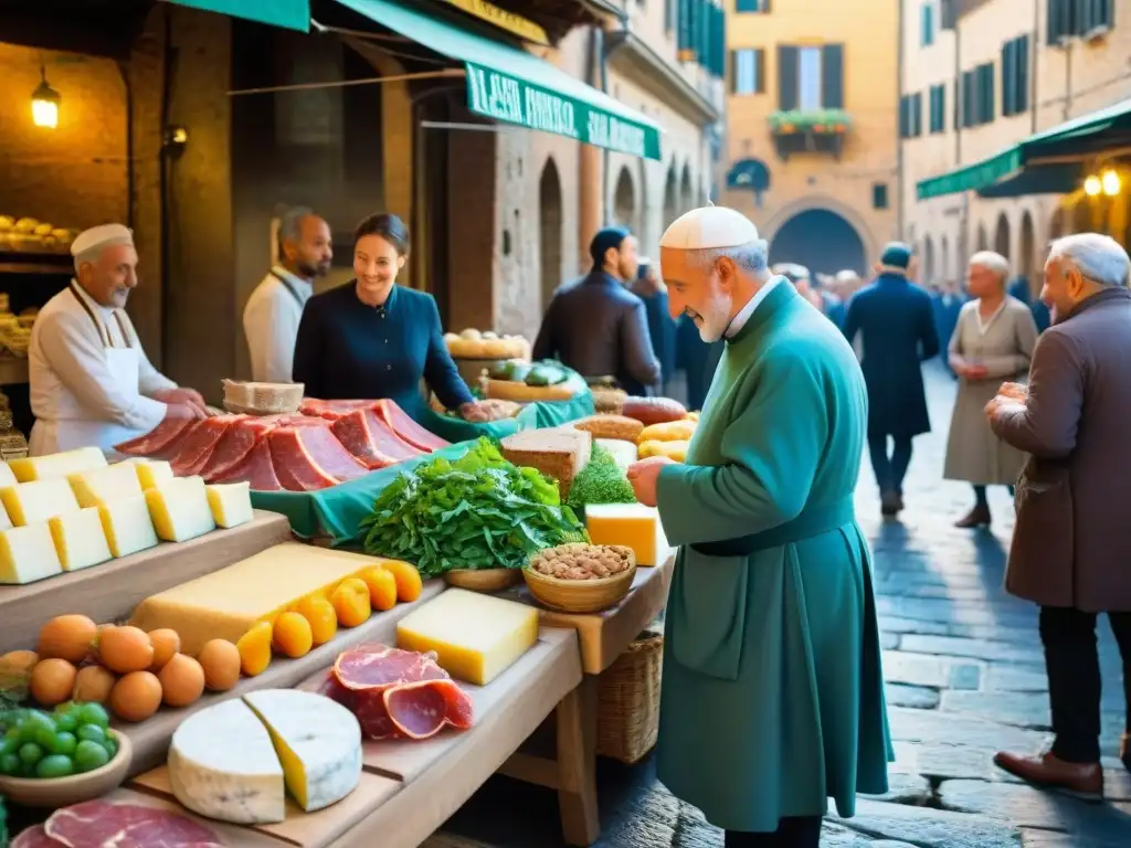 Escena vibrante de la gastronomía tradicional en Siena, Italia: colores frescos, quesos locales y diálogos animados entre vendedores y clientes