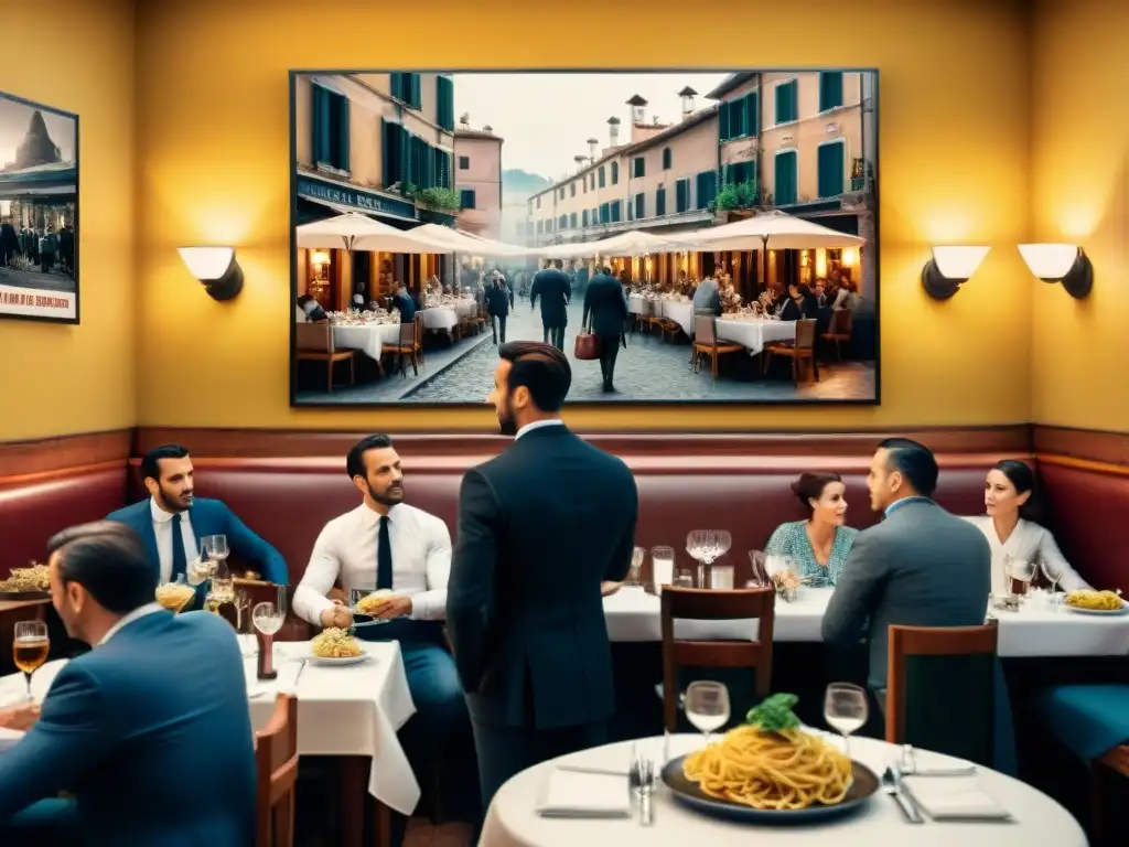 Trattoria italiana: escena vibrante con pasta y cine vintage Escena vibrante en un trattoria italiano: comensales disfrutan de pasta mientras camareros sirven platos