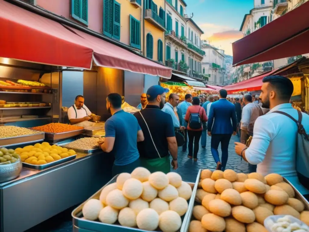 Una escena vibrante de la vida callejera en Nápoles, Italia, con personas disfrutando del histórico snack Scagliozzi