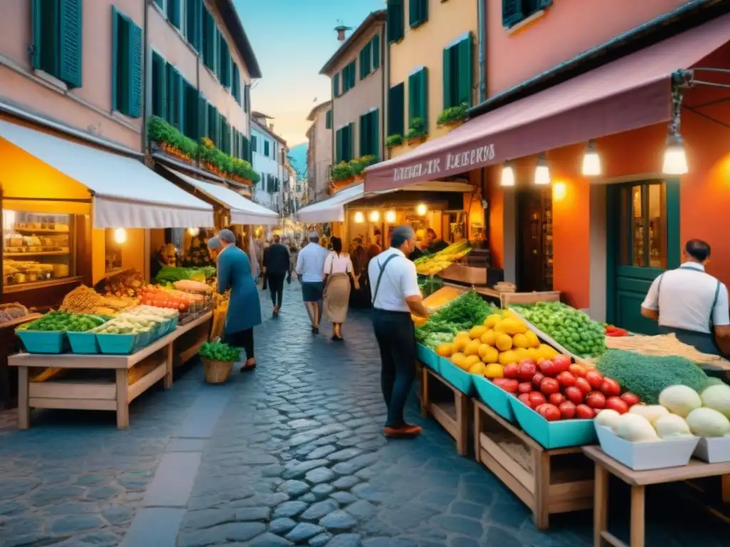 Escena vibrante de la vida culinaria en Italia con vendedores, chefs y clientes disfrutando en cafés al aire libre