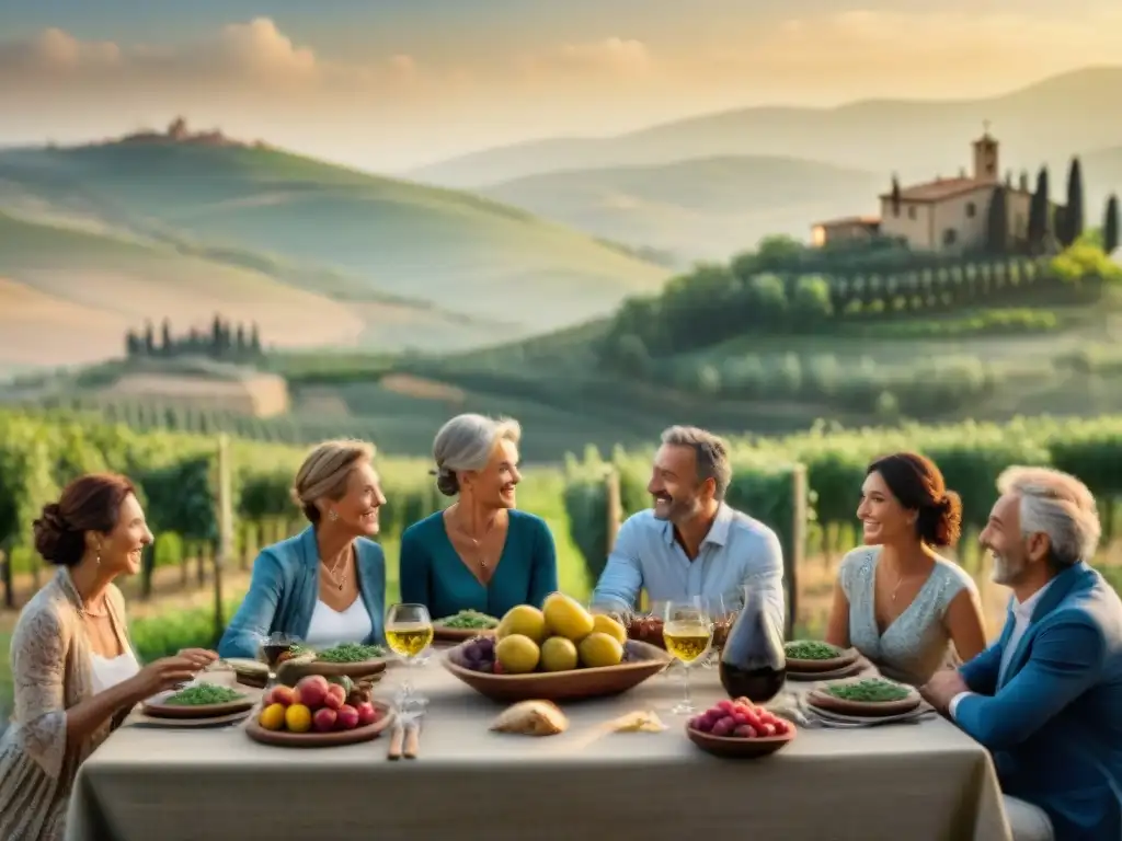 Un escenario idílico en una granja agroturística en la Toscana al atardecer, con una familia italiana disfrutando de una comida tradicional