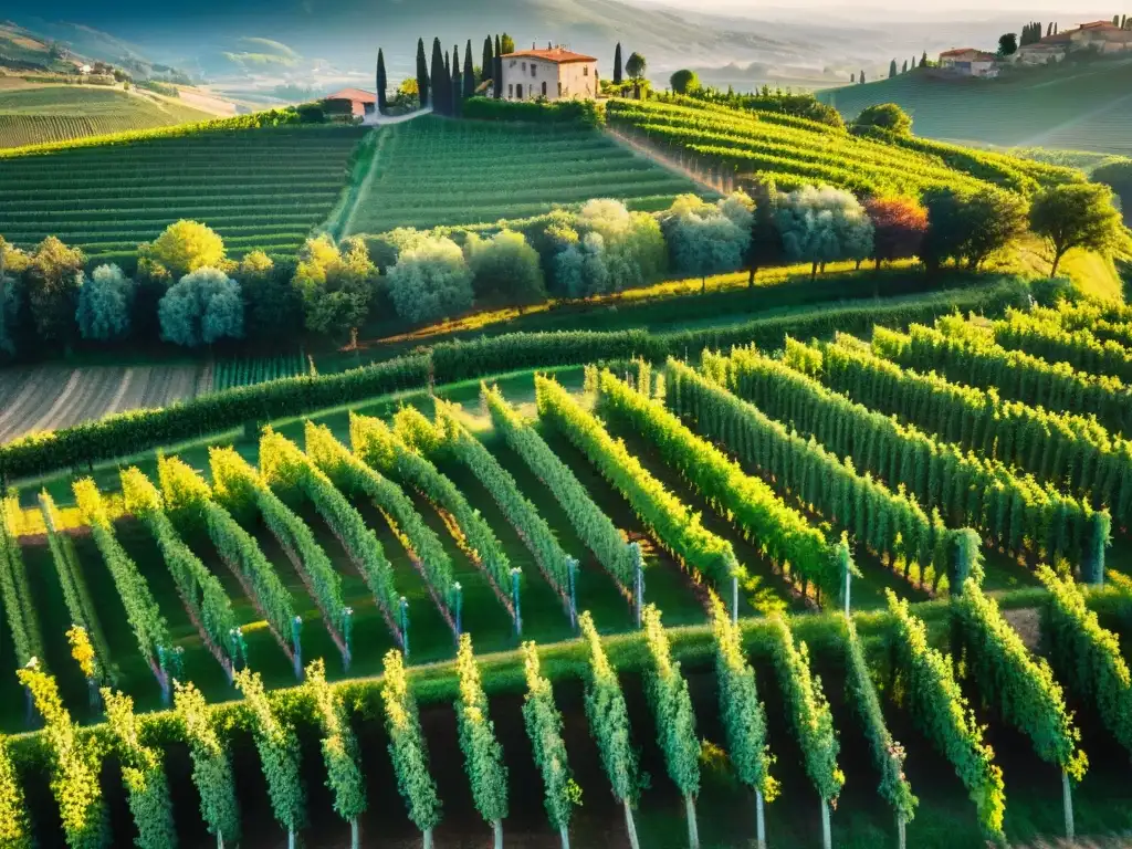 Un escenario idílico en un viñedo italiano, con interminables filas de viñas bañadas por la luz dorada de un atardecer pintoresco