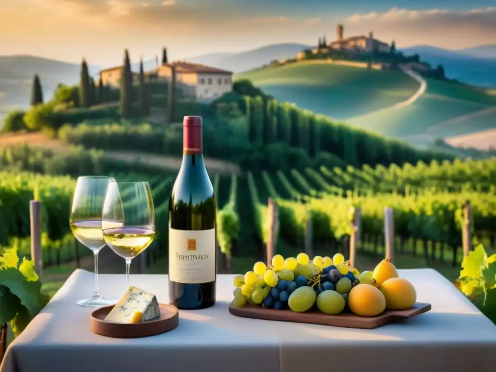 Un escenario de lujo en un viñedo de la Toscana al atardecer, con vinos italianos y elegantes eventos