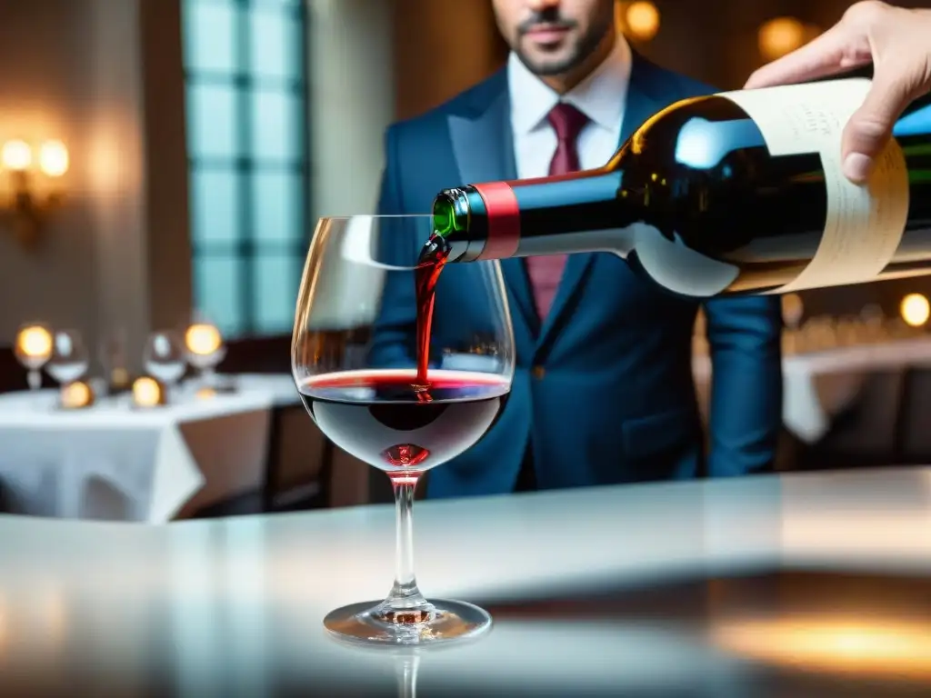 Un escenario lujoso con un sumiller sirviendo vino tinto italiano en una copa de cristal, en un evento elegante