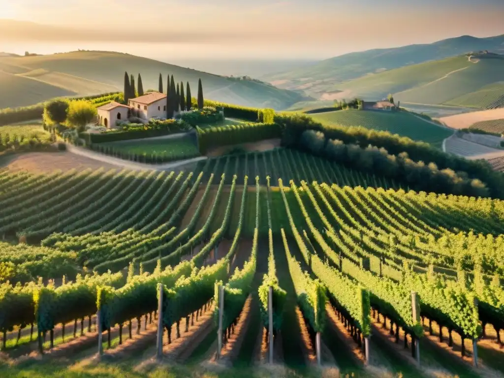 Un escenario mágico y romántico de una cata de vinos italianos en una boda al atardecer en un viñedo pintoresco