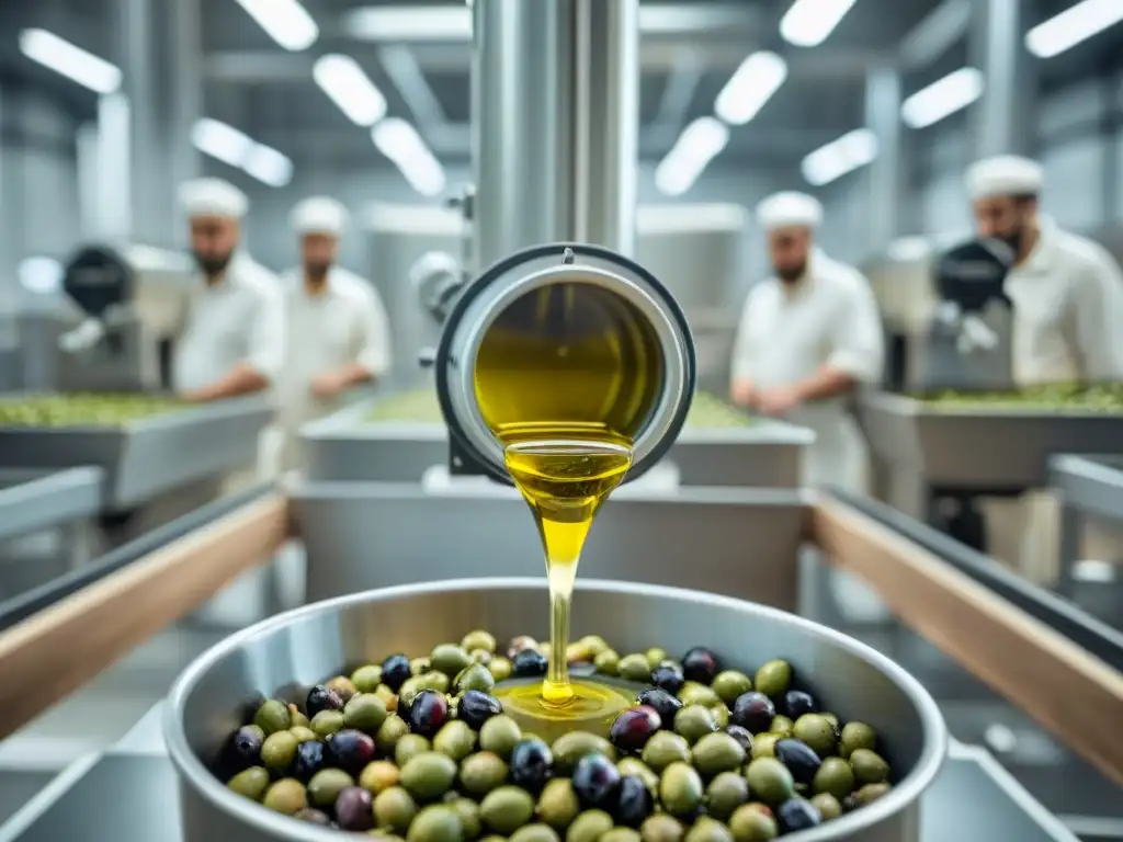 Un escenario moderno de producción de aceite de oliva premium, fusionando tradición e innovación con maquinaria sofisticada y trabajadores atentos