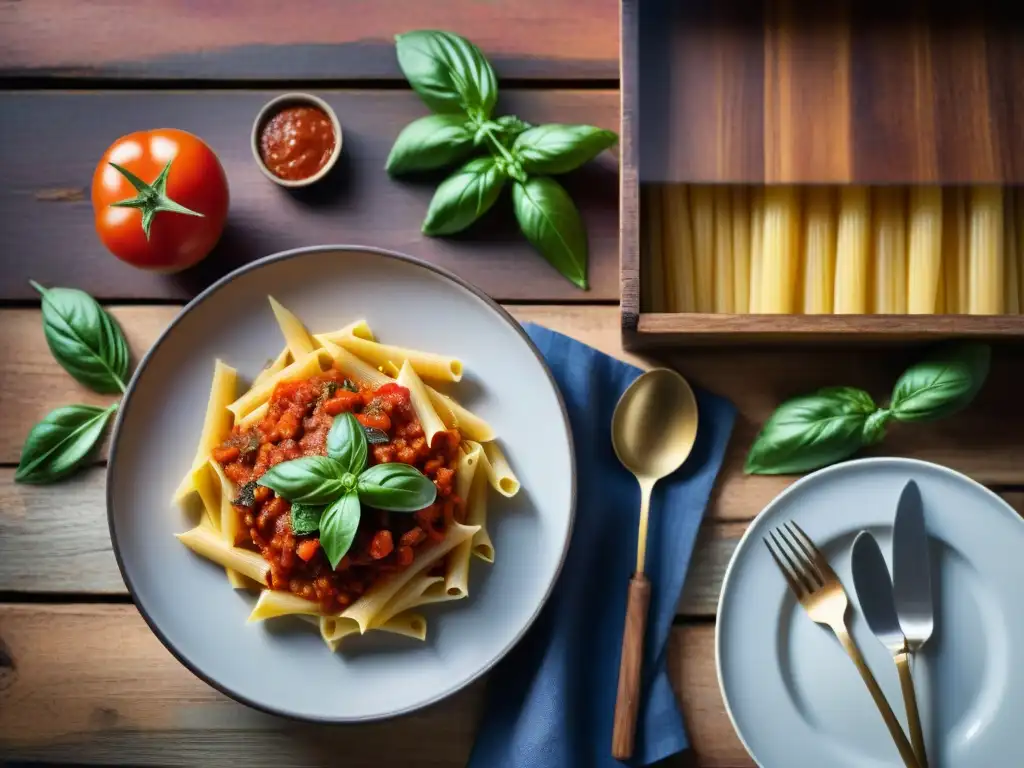 Un escenario rústico de cocina con una mesa de madera elegante y creativas variaciones de Pasta alla Norma vegetariana