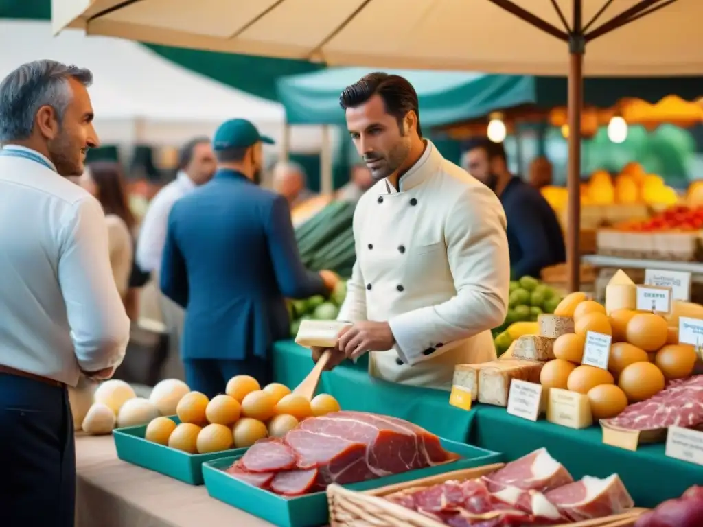 Escritores revistas gastronómicas italianas disfrutan de vibrante mercado culinario con productos frescos y coloridos