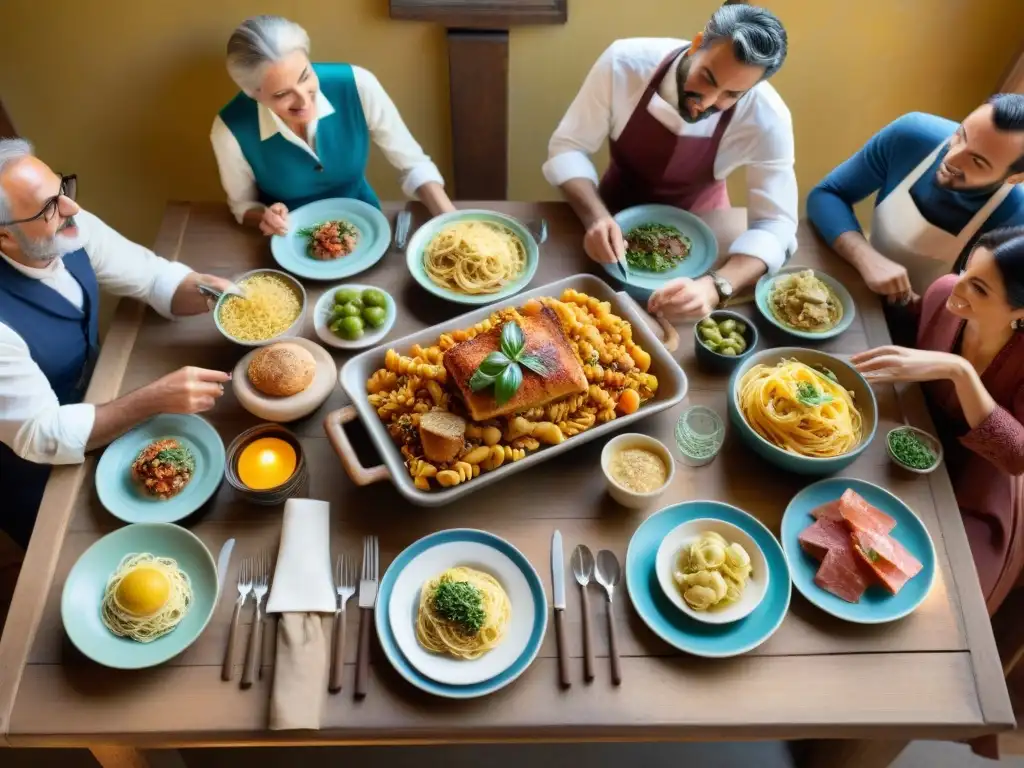 Escritores revistas gastronómicas italianas disfrutan de comida tradicional en mesa rústica bajo cálida luz dorada