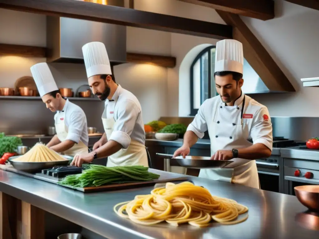 Escuela de cocina italiana con ambiente tradicional y alumnos aprendiendo de un chef