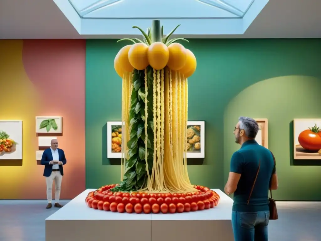 Escultura de comida italiana en exhibición de arte contemporáneo en Italia, reflejando la evolución de la 'Comida en el Arte Italiano'