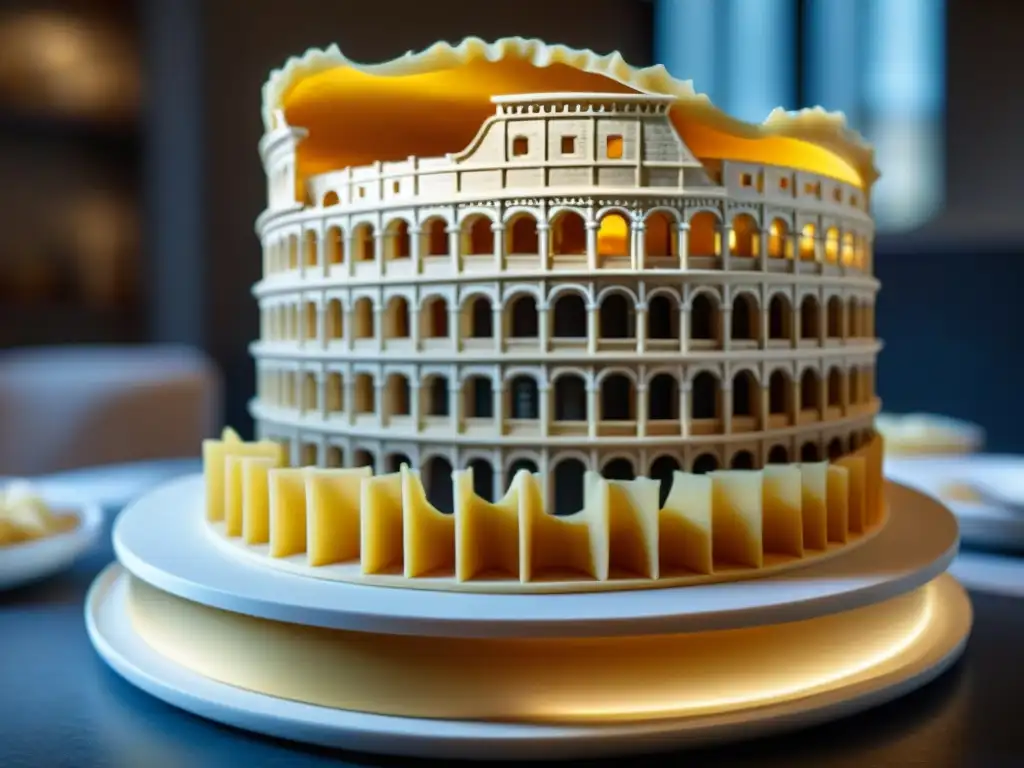 Escultura de pasta italiana en impresión 3D detallada del Coliseo de Roma, fusionando tecnología y tradición culinaria