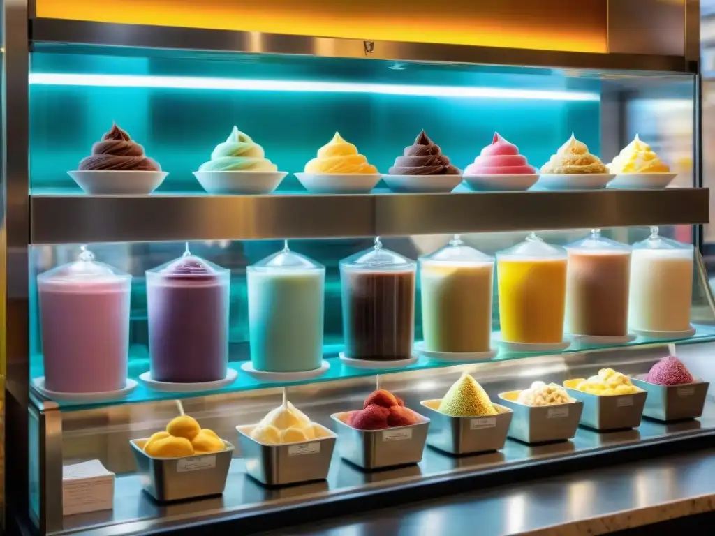 Gelatería italiana en Roma: sabores vibrantes y alegría Saborea la esencia de los orígenes del gelato italiano en una concurrida heladería romana con una variedad de sabores coloridos y clientes felices