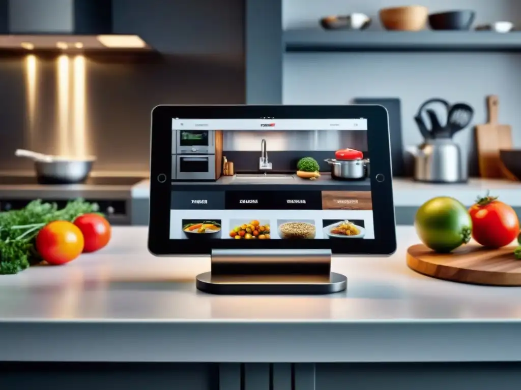 Un espacio culinario tecnológico con soportes tablet cocina chefs digitales