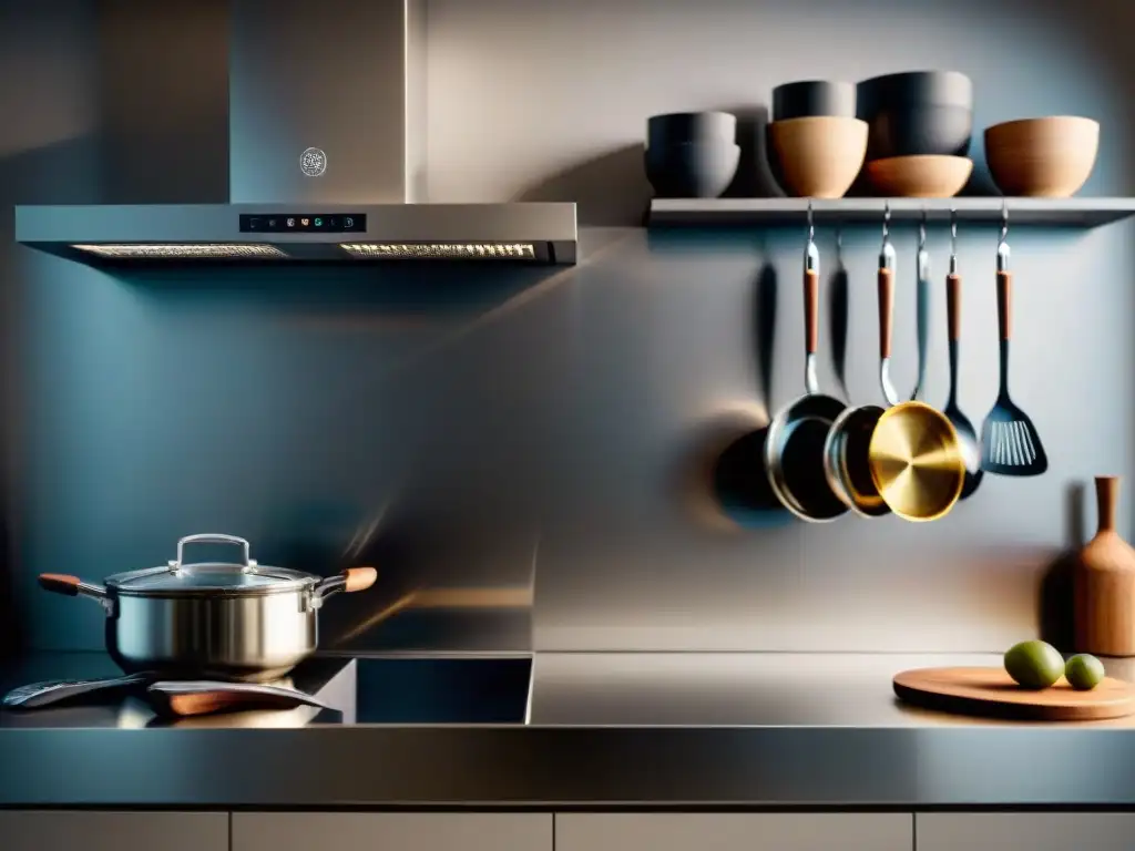 Espléndida cocina italiana moderna con utensilios de acero inoxidable organizados en un elegante mostrador minimalista