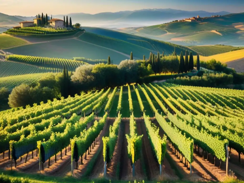 Espléndido viñedo en Toscana al atardecer con vibrantes colores reflejados en el lago, trabajadores cuidando viñas