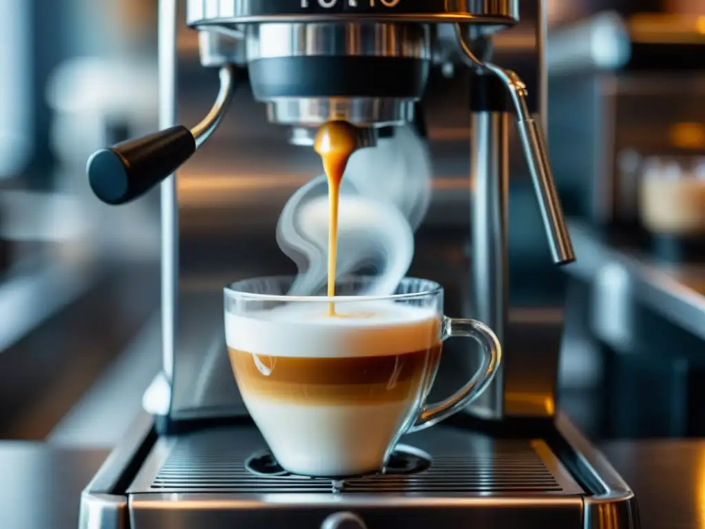 La transformación del espresso: Un barista experto vierte leche en un shot de espresso, creando un baile de colores y texturas en la barra italiana